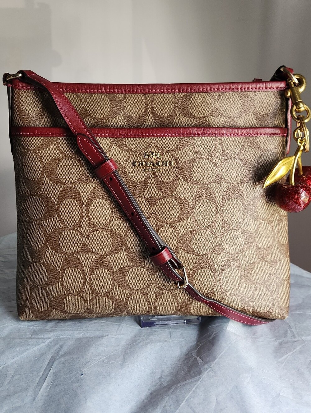 Coach Wine Signature Coated Canvas Crossbody w/Cherries EUC